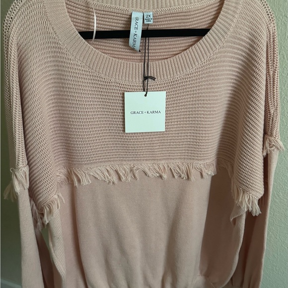 Pink Crew Neck Sweater with Ribbed Knit and Ruffle Detail - Picture 1 of 6